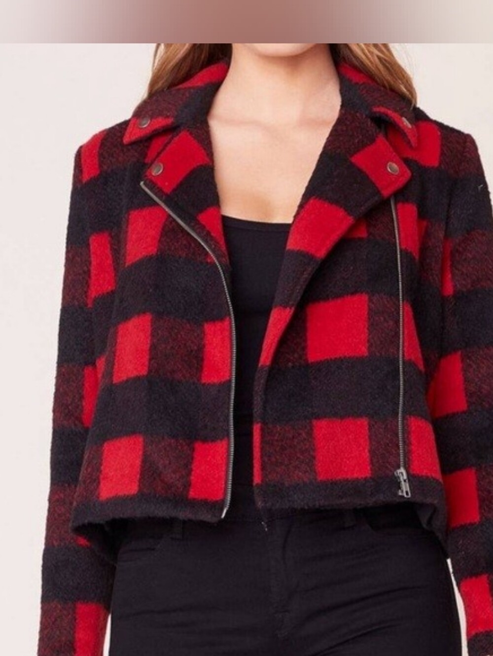 Jack by BB Dakota Red and Black Buffalo Plaid Moto Jacket